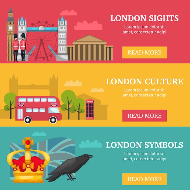 Three horizontal london banner set with London sights culture and symbols descriptions