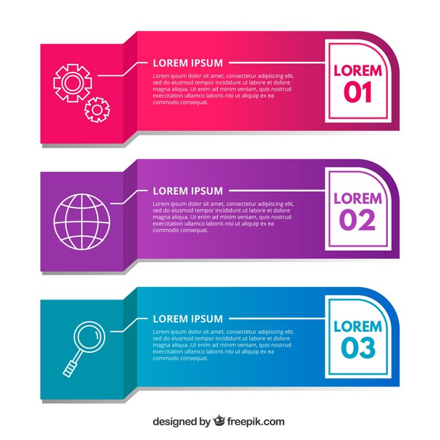 Three infographic banners with different colors