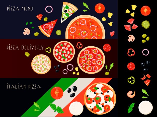 Three italian pizza horizontal banners set with isolated filler ingredient icons 