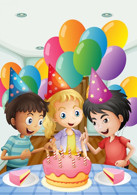 Free Vector three kids celebrating a birthday