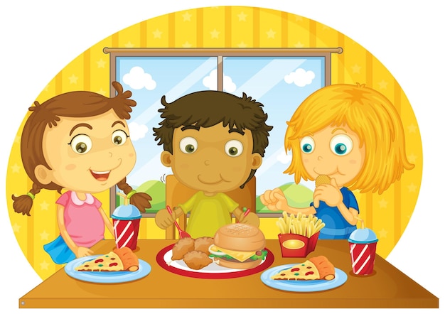 Three kids having meal on table