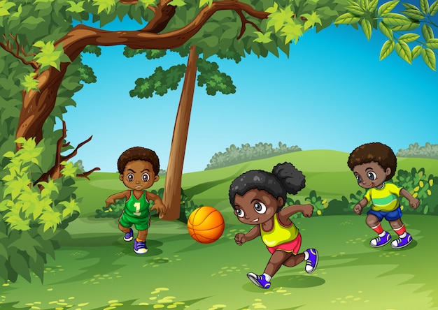 Free Vector three kids playing ball in the park