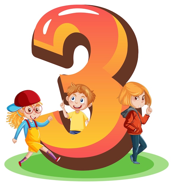 Three kids with number three cartoon