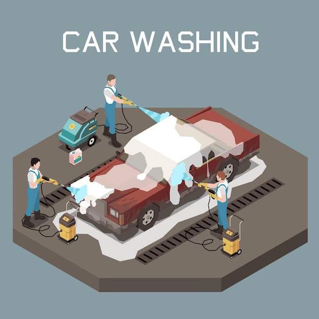 Three men in uniform washing passenger car with high pressure washer isometric concept