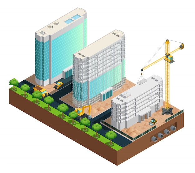 Three modern many-storeyed buildings construction isometric composition on white background vector i