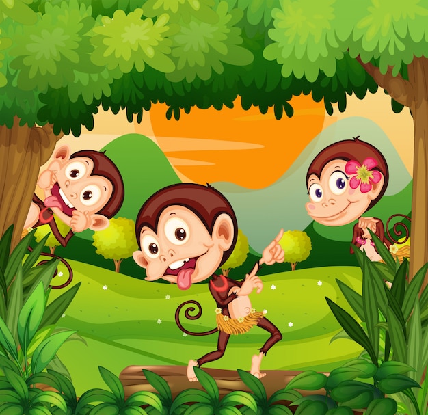 Three monkeys dancing in the forest