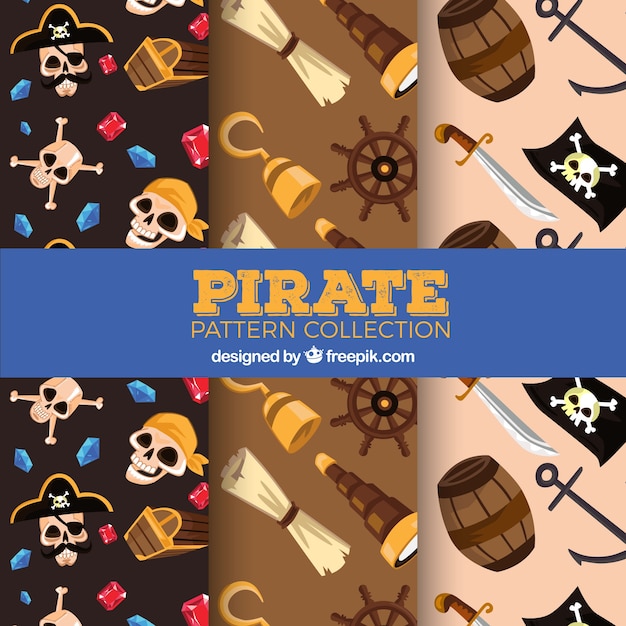 Free Vector three pirate patterns with colored objects