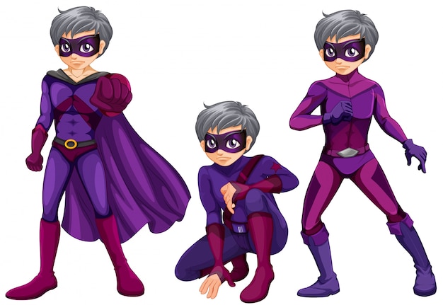 Three poses of superhero with mask and cape