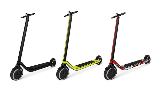 Free Vector three realistic different colors electric kick scooters on battery isolated illustration