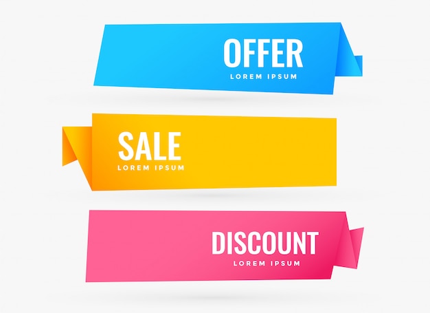 three sale banners with different colors