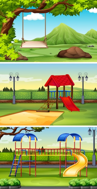 Free vector three scene backgrounds of park and playground