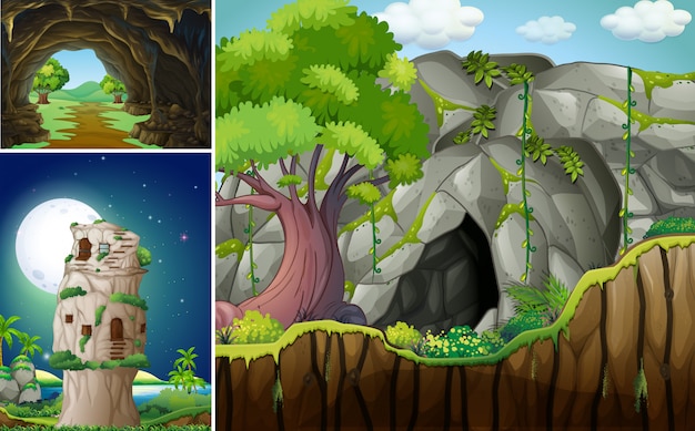 Free vector three scenes with cave and mountain