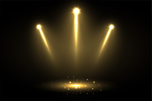 Free vector three shiny focus spotlights pointing towards center