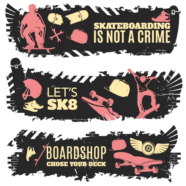 Free Vector three skateboarding banner set with descriptions of skateboarding is not a crime let s sk8 and boardshop chose your deck vector illustration