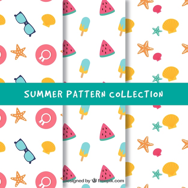 Free vector three summer patterns with colored items in flat design