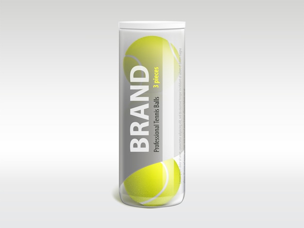 Three tennis balls in branded glossy transparent plastic tube 