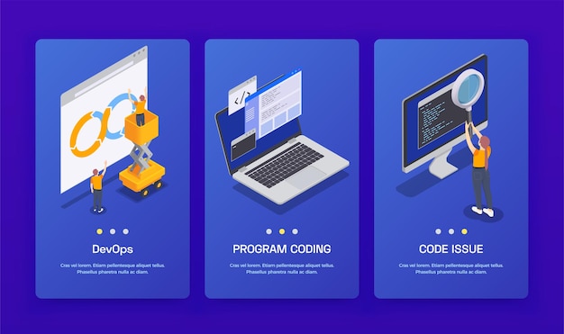 Free Vector three vertical programming coding development isometric banner set with devops program coding and code