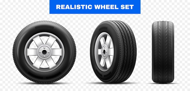 Free Vector three views of car wheel tire from different angles at transparent background realistic vector illustration