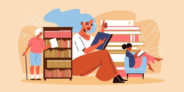 Three women reading and taking book from bookshelf