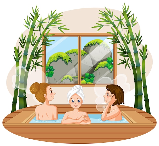 Free Vector three women wooden hot tub spa