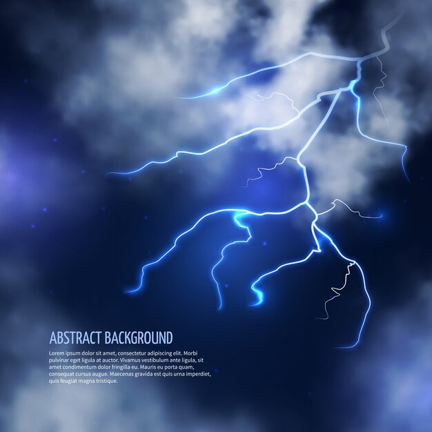 Thunderstorm with clouds and lightnings. Thunderbolt flash, electricity energy. Vector illustration abstract background