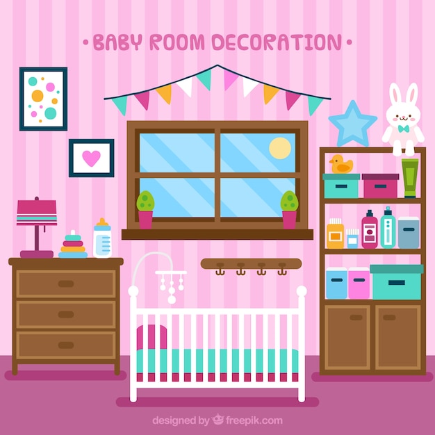 Free Vector tidy baby room with crib in flat design