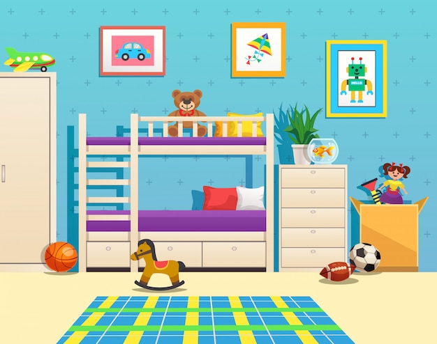 Tidy children room interior with bunk bed pictures on wall aquarium with fish and toys