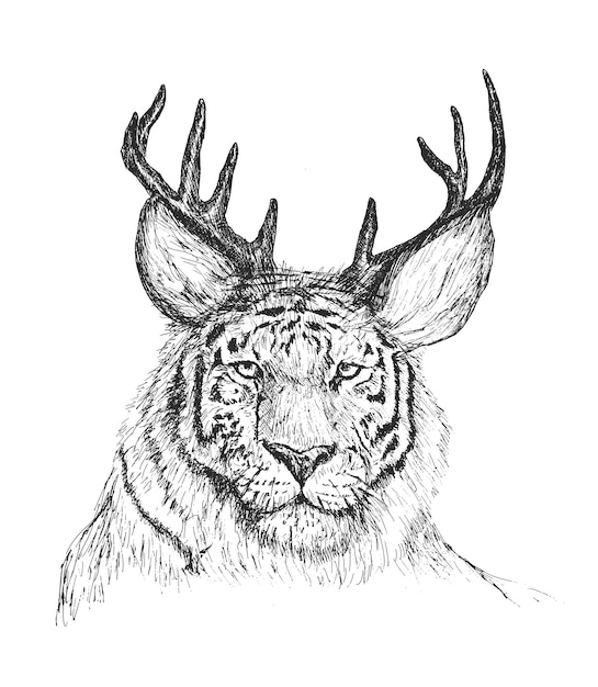 Free Vector tiger face with deer horns psychedelic handdrawn sketch illustration wallpaper