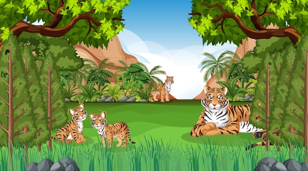 Free Vector tiger family in forest or rainforest scene with many trees