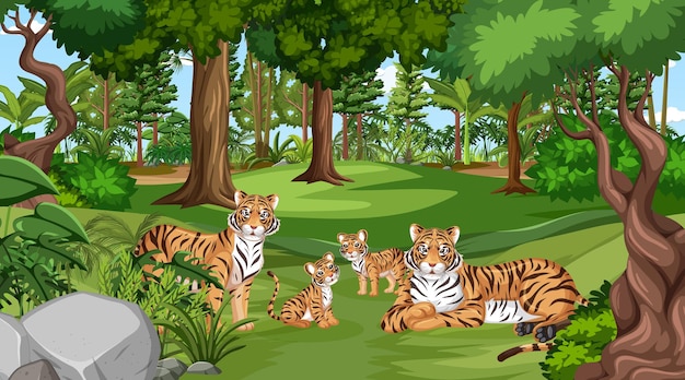 Free vector tiger family in the forest scene with many trees