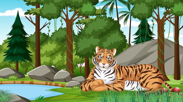 Free vector a tiger in forest or rainforest scene with many trees