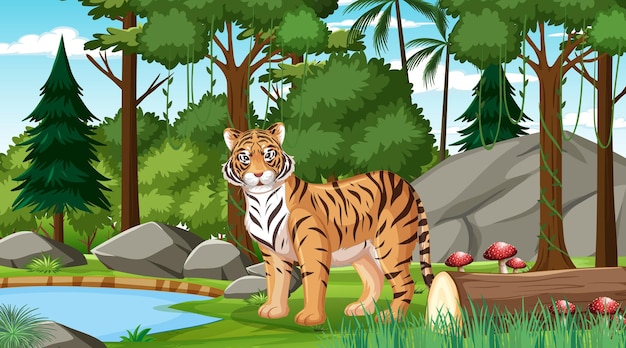 Free vector a tiger in forest or rainforest scene with many trees