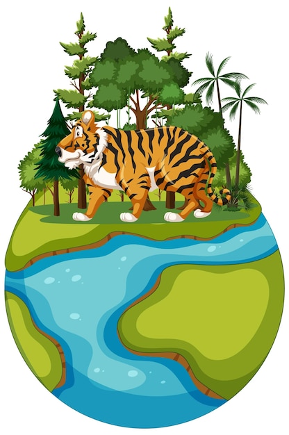 Free vector tiger on a miniature forested globe