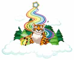 Free vector a tiger sitting on the cloud with rainbow on white background