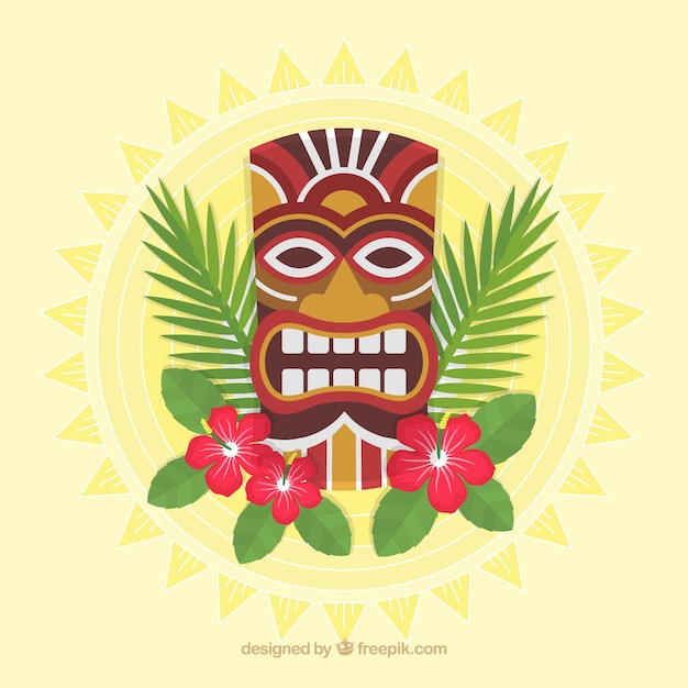 Tiki mask background with flowers and palm leaves