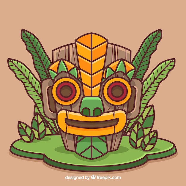 Free Vector tiki mask background with hand drawn palm leaves