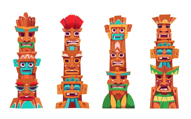 Tiki mask pole totem tribal vector cartoon icon set African luau face wood sign for tropical beach island party decoration Mexican ceremonial isolated warrior smile head statue design collection