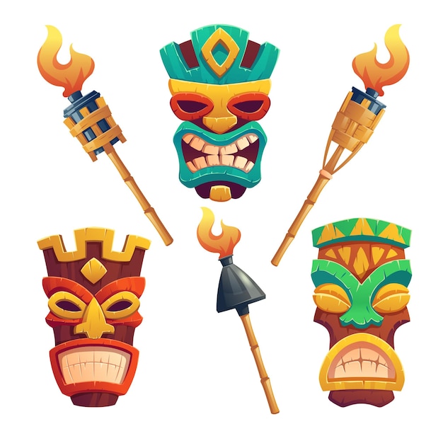 Tiki masks and hawaiian tribal totem and burning torches on bamboo stick