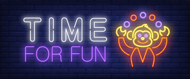 Time for fun neon text with monkey juggling