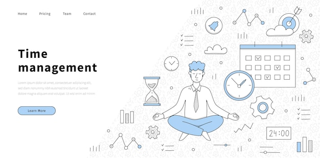 Free Vector time management banner with man in yoga pose clock gears and calendar vector landing page of work organization time control with doodle businessman meditate watch hourglass and graph icons