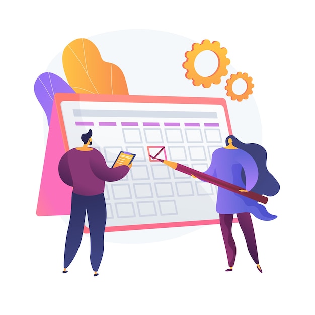 Time management. Calendar method, appointment planning, business organizer. People drawing mark in work schedule cartoon characters. Colleagues teamwork. Vector isolated concept metaphor illustration