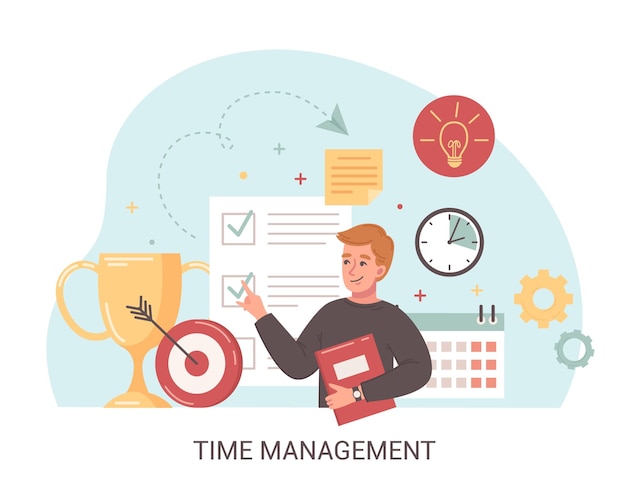 Free vector time management cartoon composition with winners cup business planning creative idea goal flat icons vector illustration