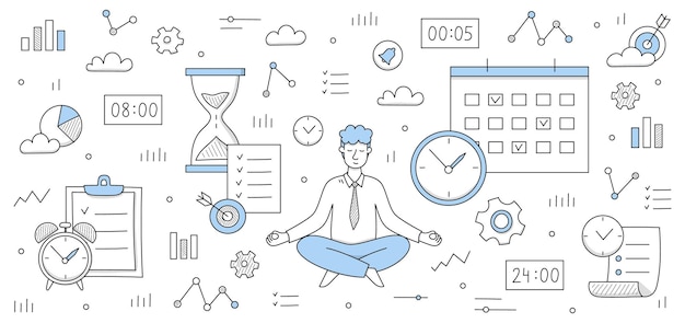 Time management concept with man meditate in yoga pose and icons of clock gear target and calendar Vector doodle illustration of businessman relax and signs of watch hourglass and graph icons