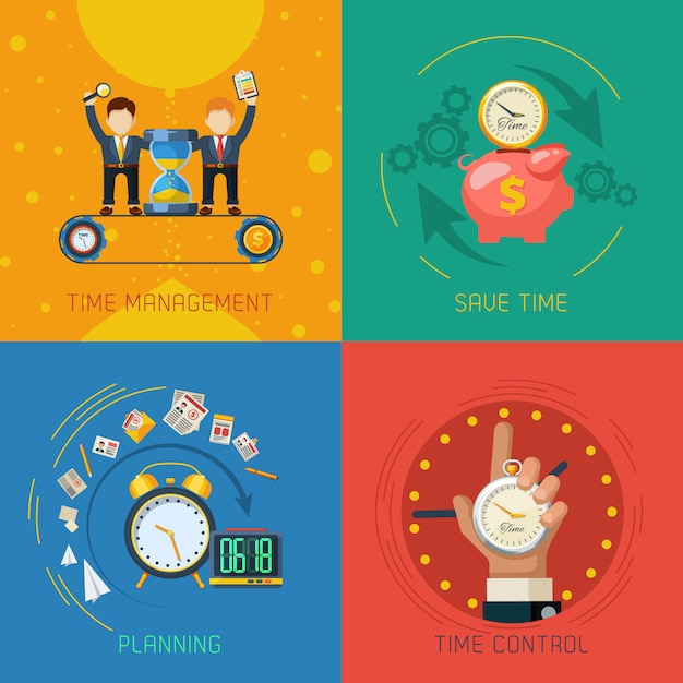 Free vector time management flat icons square composition