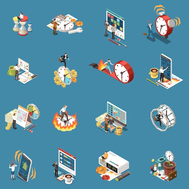 Time management icons set with planning symbols isometric isolated vector illustration