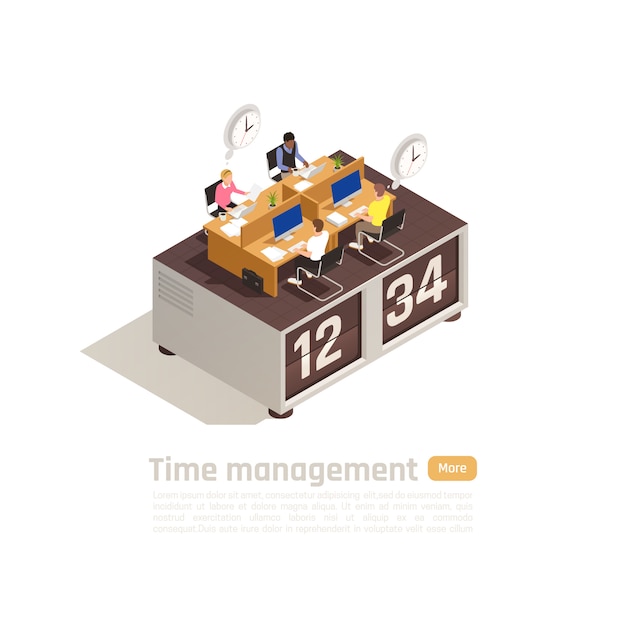 Free Vector time management isometric business concept for web page design with group of employees working on big clock