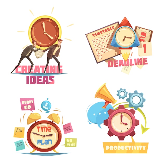 Free vector time management retro cartoon compositions with creating ideas and deadline effective planning