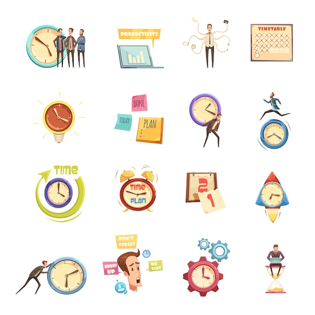 Time management set of retro cartoon icons with hurry man planning productivity startup calendar 