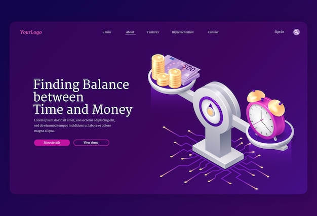 Time and money balance on scale landing page template