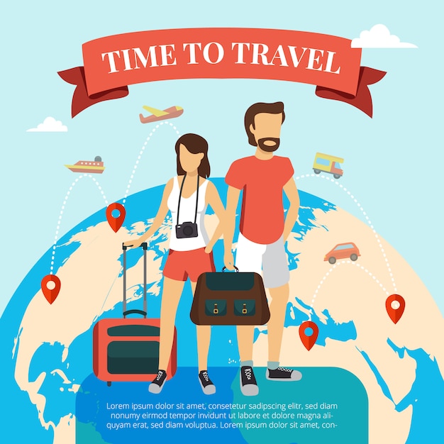 Time to travel flat poster with tourists couple standing  with baggage and world globe